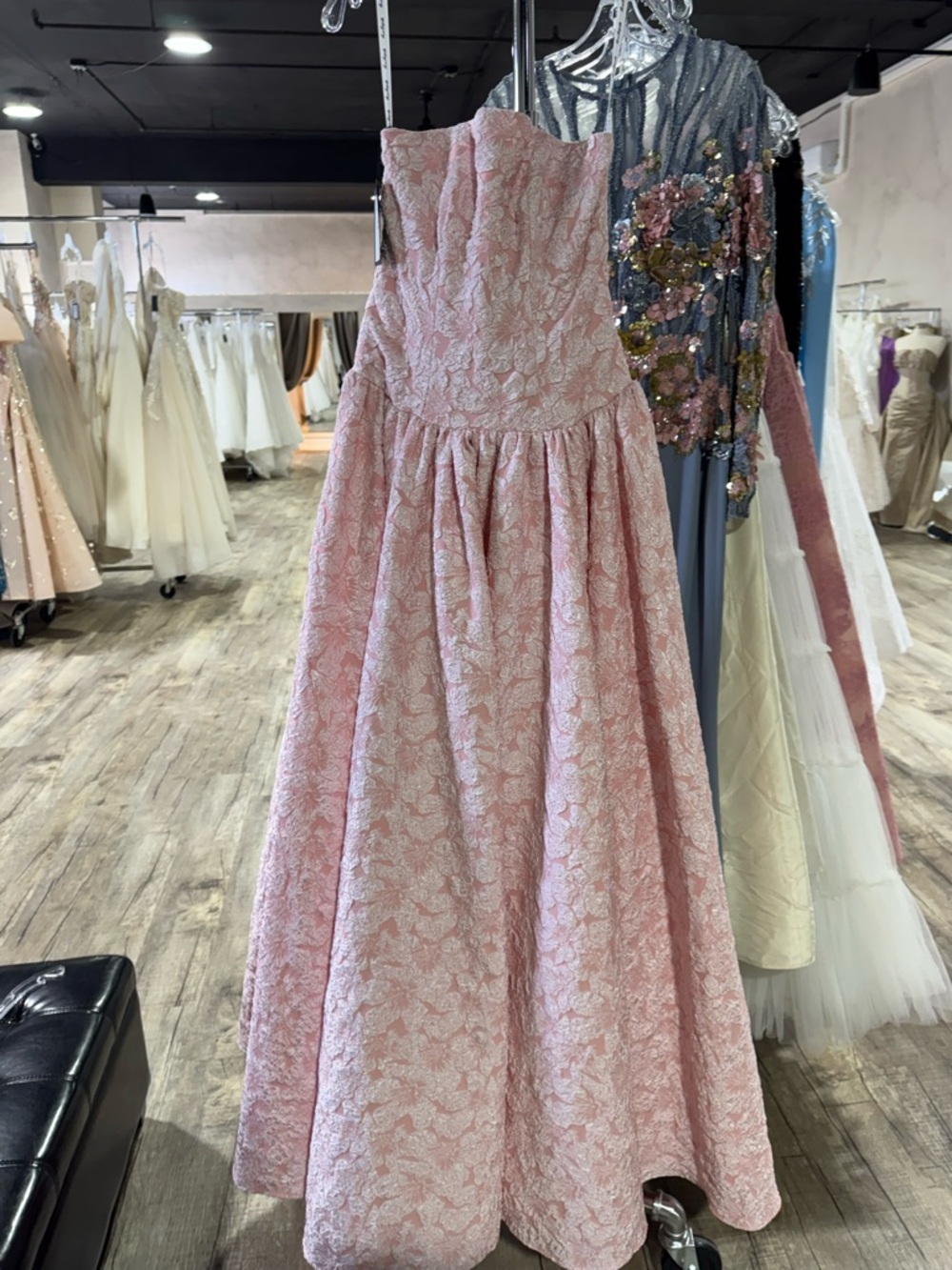 Strapless Pink Jacquard Maxi Dress